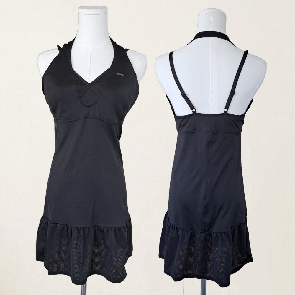 Reebok PlayDry Black Athletic Tennis Dress Built-in Shelf Bra Ruffle Hem Medium